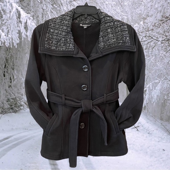 Signature Studio Size XL Black Front Button Pea Coat Tie Belt & Pockets - Picture 1 of 6